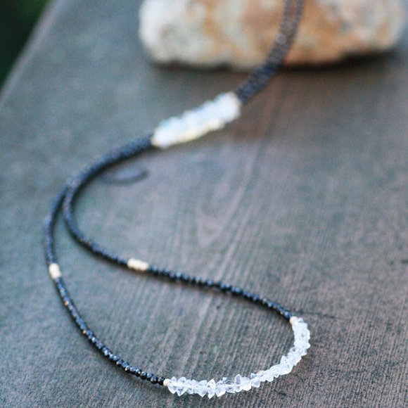 Black Spinel Opal, Herkimer Diamond Wrap Bracelet | Necklace 14k Gold Filled - Picture 4 of 7